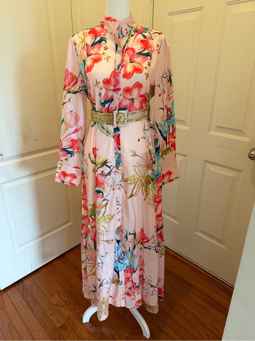 NWT Women's Vintage Floral Print Long Lanter Sleeve Button Up Party Dress w/belt